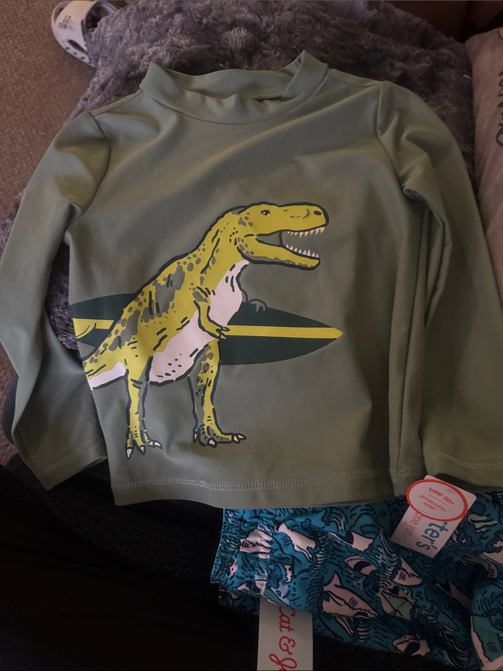 Carter's Olive Green Long Sleeve Rashguard with Yellow Dinosaur Graphic
